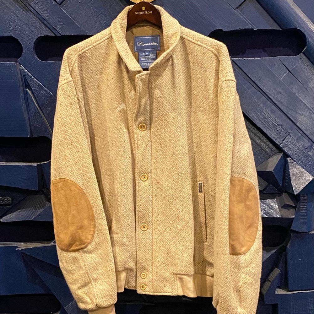 Vintage FACONNABLE Beige Herringbone Jacket with Brown Elbow Patches size XL